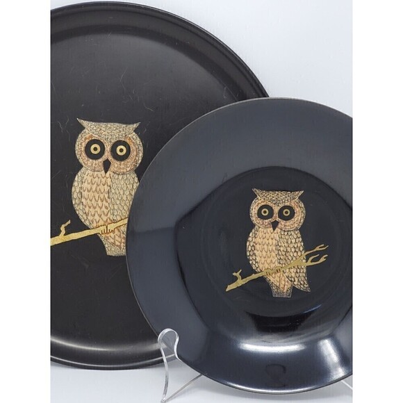 VINTAGE COUROC OF MONTEREY LOT BLACK OWL INLAY PLATE BOWL 1970s - Picture 2 of 12